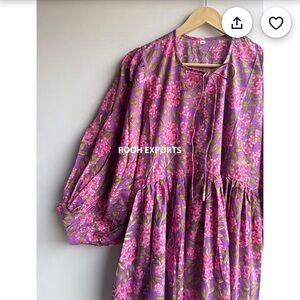 Floral Pink and Purple Midi Dress, 100% cotton, hand block, made in India, Kyra